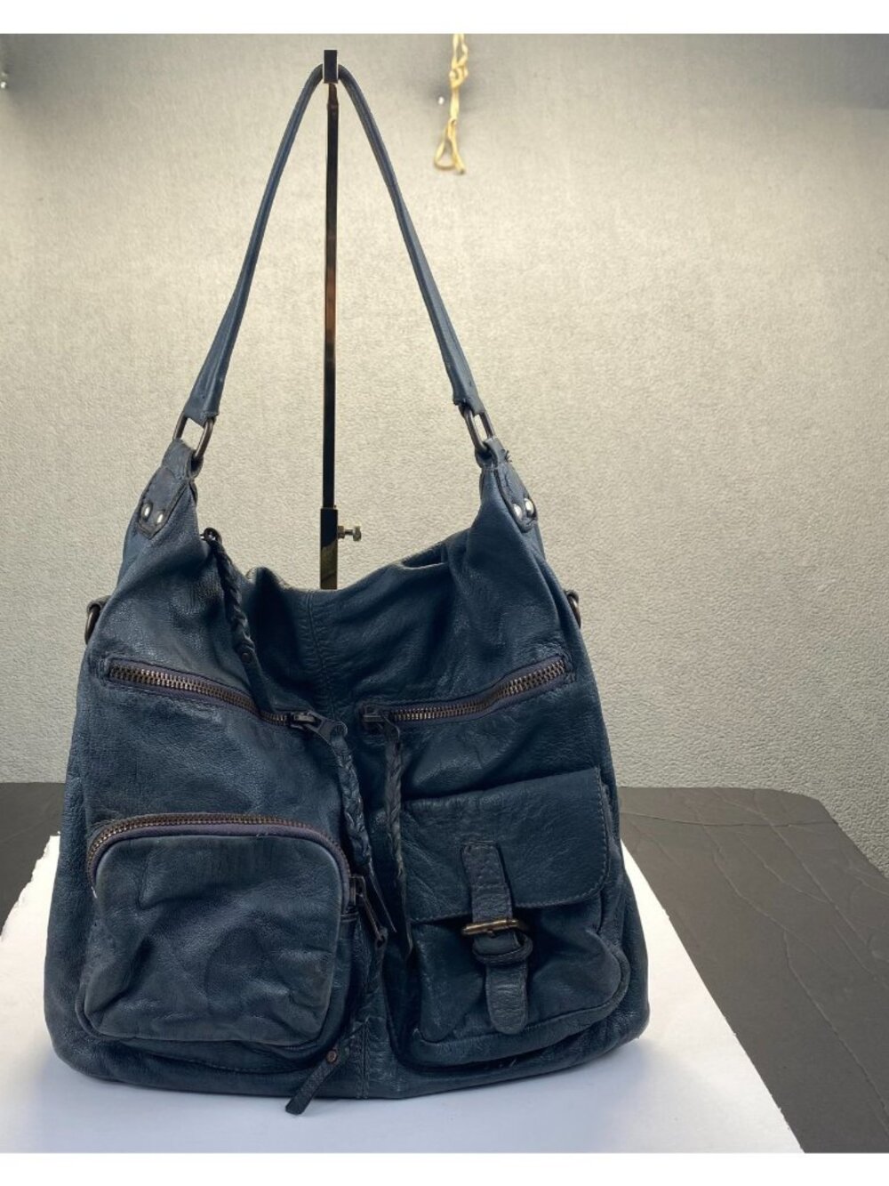 TANO Women's Bucket Hobo Bag Gray Leather Shoulder Front Pockets Boho Hippie